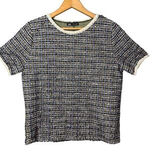 Zara Women's Jacquard Boucle' Pullover Top Pearl embellished Neck And Sleeve L